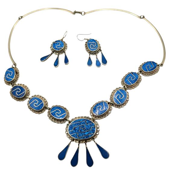 Alpaca Taxco Mexico Necklace Earrings Set Turquoise Inlay As Found Unpolished - Picture 15 of 15